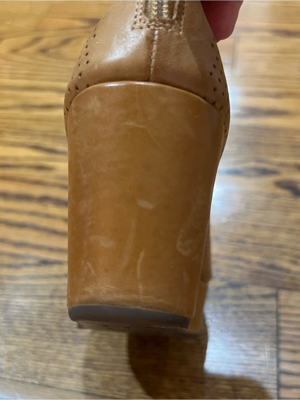 Chocolat Blu Walee Leather Peep Toe Platform Bootie Sz 7.5 Camel Wedge Boho - Picture 10 of 13